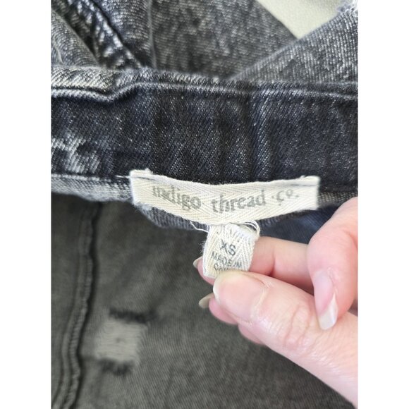 Disstressed Denim Midi Dress XS Long Sleeves Button Down Cotton Black Acid Wash - Picture 8 of 9